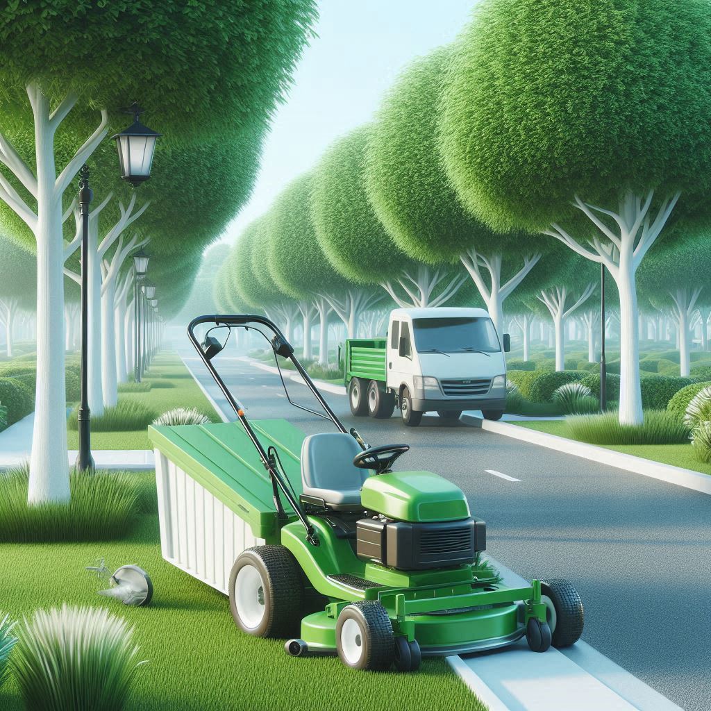 Corte de césped, poda de árboles en las vías y áreas públicas con un carro blanco y uniforme verde, realista (1) Corte de césped, poda de árboles en las vías y áreas públicas con un carro blanco y uniforme verde, realista (1)
